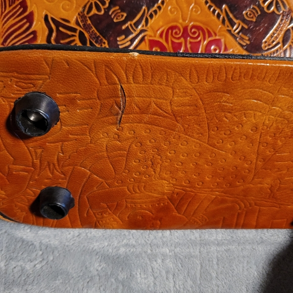 Genuine Leather Made In India Zipper Tote Bag Elephant Design with Bottom Studs - Picture 12 of 13